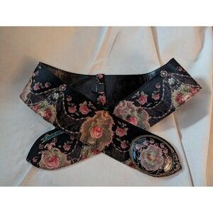 Michal Negrin Floral Tapestry Wide Waist Belt Victorian Crystal Buckle Black S